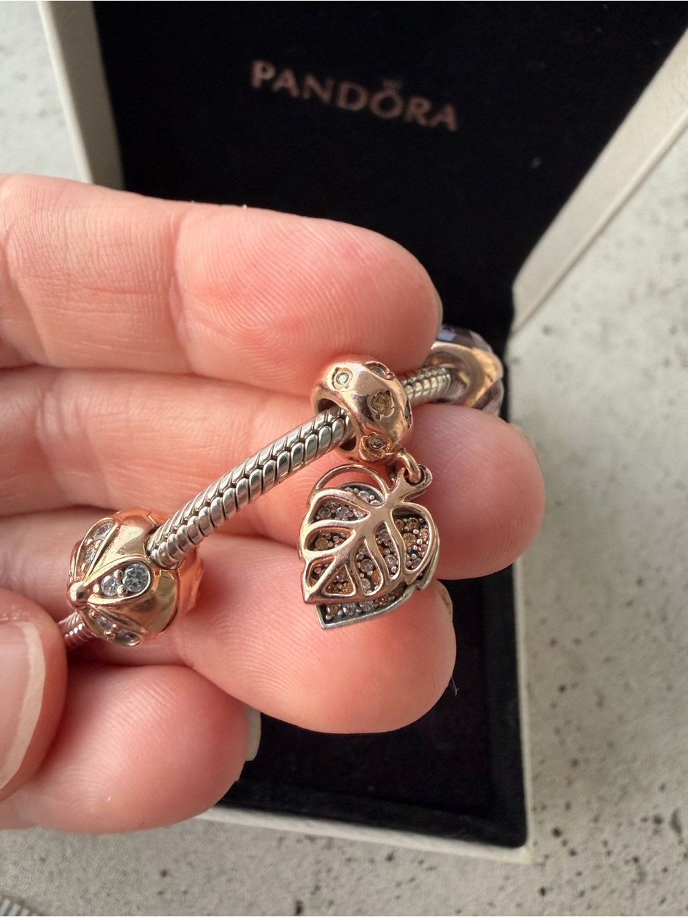 2 Pandora Two-Tone Charm Bracelets with Rose Gold Floral Charms & Gold Bee - Picture 5 of 15